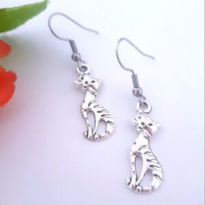 Kitty Cat Brushed Antique Silver-tone Dangling Stainless Steel Hook Earrings